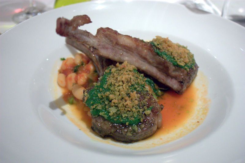 Convivio scottadito di agnello; grilled lamb chops, salsa verde, escarole