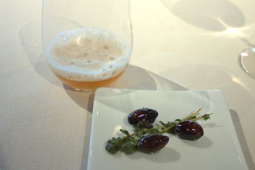 Mugaritz cerveza de legumbres tostadas, tapa de olivas y albuias con tomillo