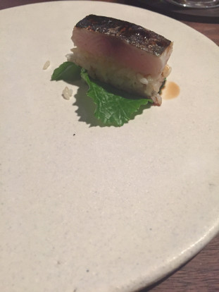 mackerel sabazushi, wasabi, leaf, dashi ponzu