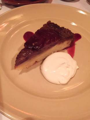 chez panisse cafe red wine bosc pear upside-down cake with creme fraiche