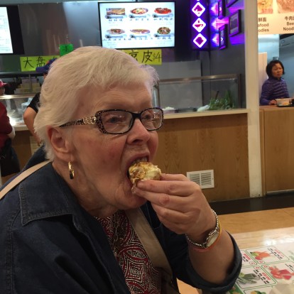 grandma eating takoyaki