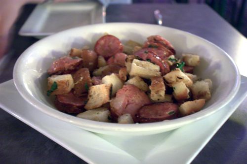 Old bay andouille and garlic croutons