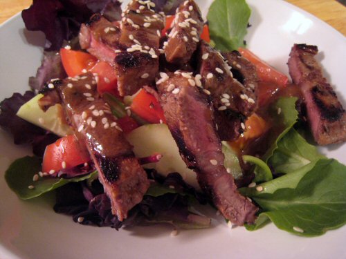 Steak salad with miso dressing