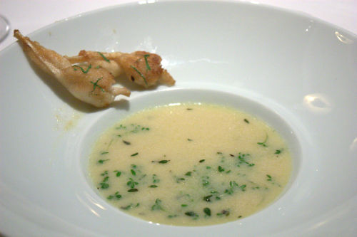 Jean georges garlic soup with thyme, frog legs