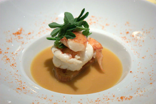 Jean georges lobster tartine, lemongrass fenugreek sauce, pea shoots