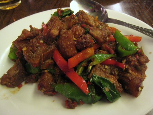 Sripraphai crispy pork with basil and chile