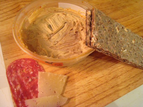 Salami hummus crackers