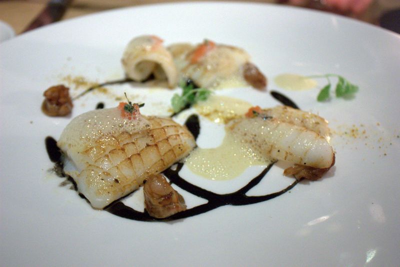 Aldea baby cuttlefish, caramelized lychee, mentaiko, squid ink
