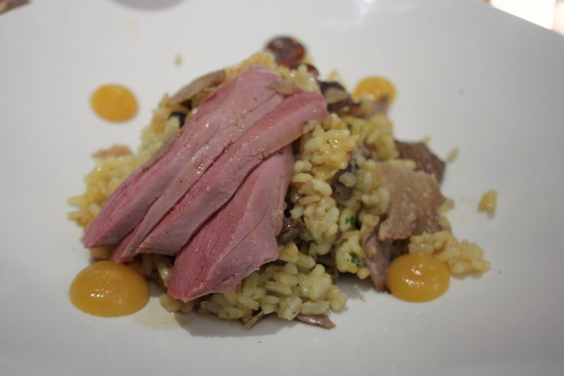 Aldea arroz de pato, duck confit, chorizo, olive, duck cracklings