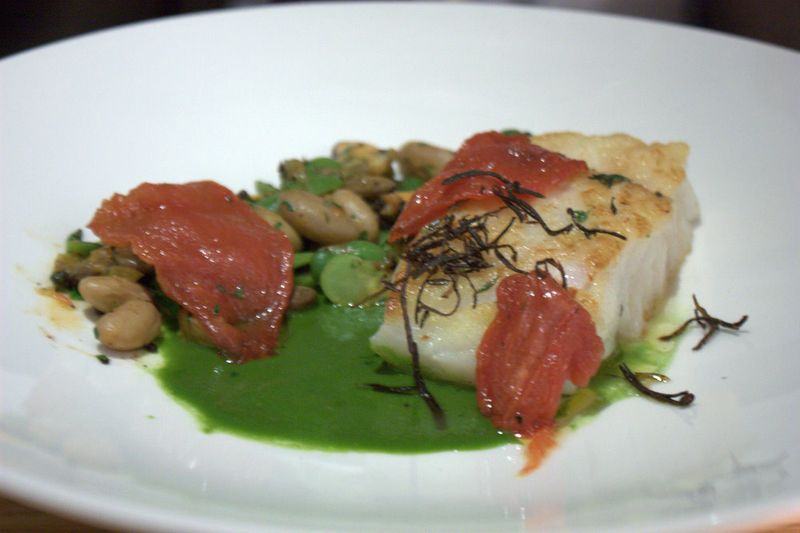 Aldea sea-salted chatham cod, market cranberry and fava beans, lemon-basil