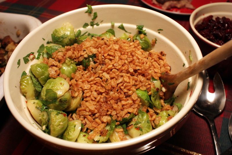 Belated thanksgiving spicy brussels sprouts with mint & rice krispies