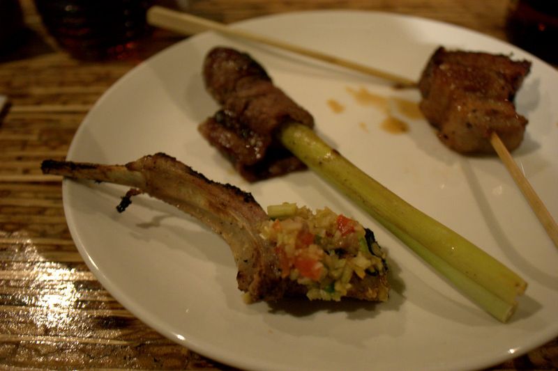 Obao lamb, beef on sugarcane & pork belly