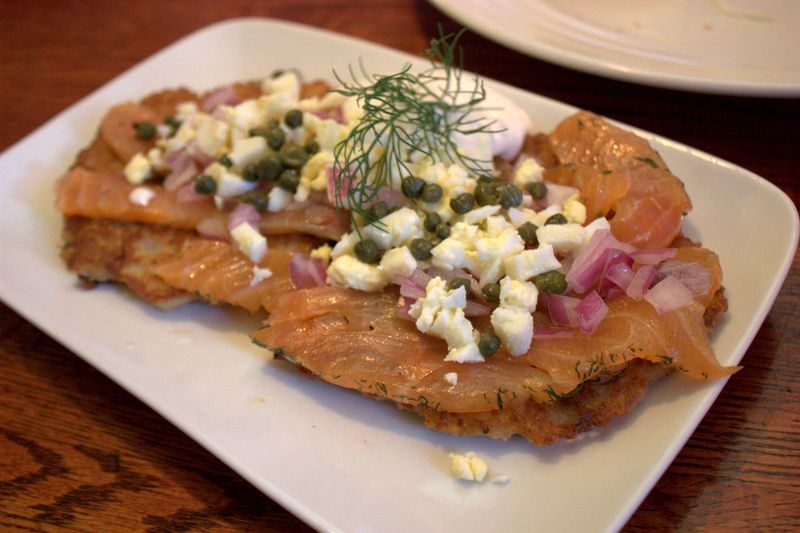 Gustav's smoked salmon, potato pancake Gustav's smoked salmon, potato pancake