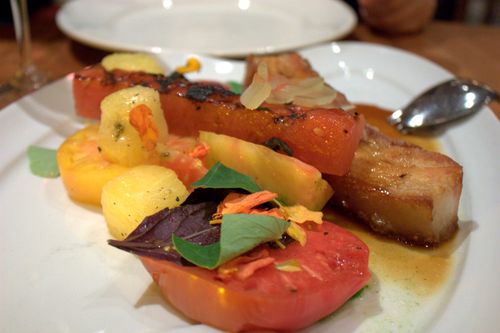 Incanto pork belly with watermelon & tomatoes