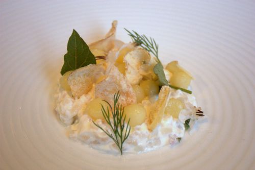 Castagna black cod with pickled potatoes, sour cream, dill, borage