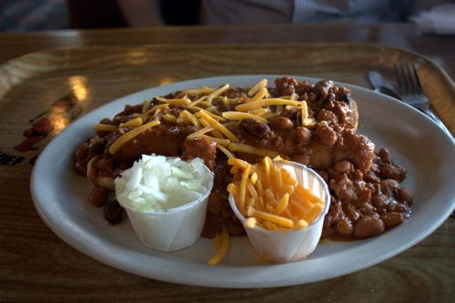 Char burger chili dog