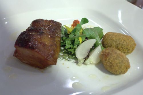 Wong hakka pork belly, hakurei turnip, taro root tater tots, greens