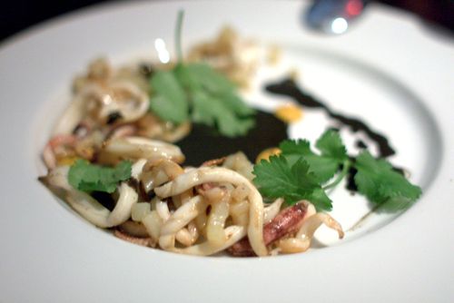 Empellon cocina squid with heirloom potatoes, chorizo mayonnaise & black mole