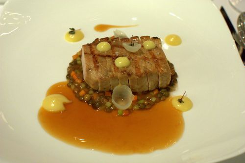 Onyx mangalitza marmalade with lentil foam, and charbroiled mangalitza loin with lentil