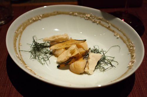 Wd-50 bay scallop, pear, oatmeal-nori