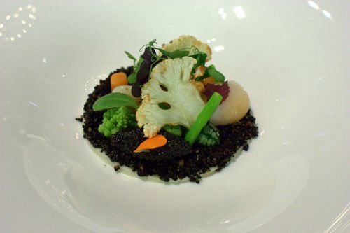 Onyx hungarian sturgeon caviar with cauliflower puree, vegetables, “black soil”