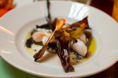 River styx scallops, leeks, roe