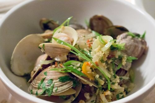 Glasserie clams, harissa & couscous