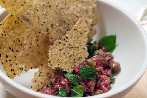 Glasserie lamb tartare, olives & bulghur crackers